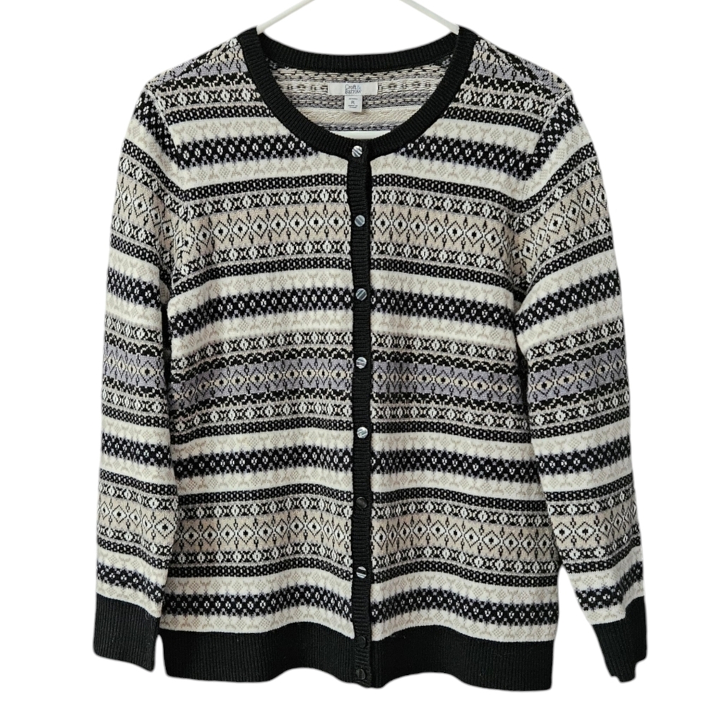 Croft & Barrow Cardigan Sweater Fair Isle Women's Petite Large Black Tan